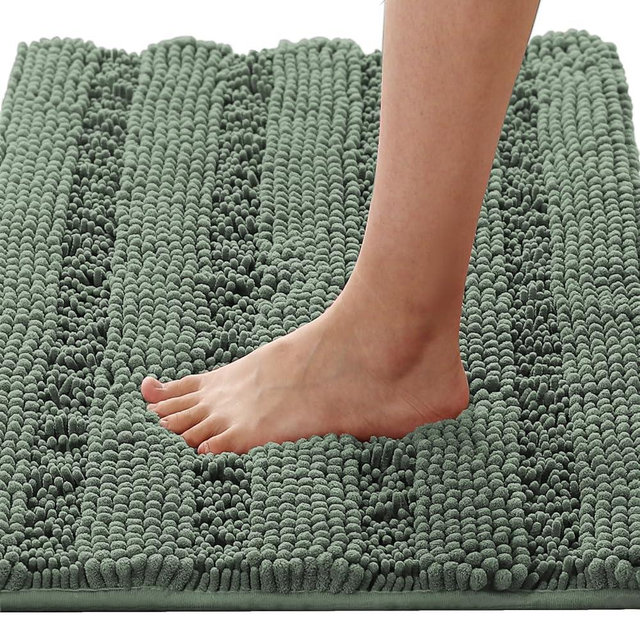 H.VERSAILTEX Bath Rugs for Bathroom Non Slip Bath Mats Extra Thick Chenille Striped Rug 20" x 32" Absorbent Non Skid Fluffy Soft Shaggy Washable Dry Fast Plush Mat for Indoor, Bath Room - Green Bay