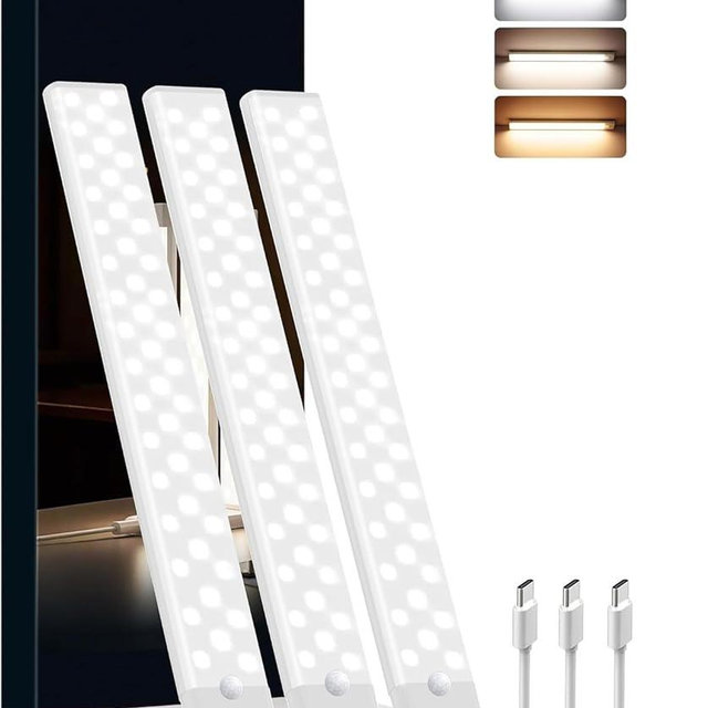 Rihvy Under Cabinet Lighting Wireless, 3 Packs Rechargeable Motion Sensor Light Indoor Disassembled, 3 Color Temps Closet Light Stick on, 8 Inches Under Counter Lights for Kitchen, Wardrobe, Bedroom