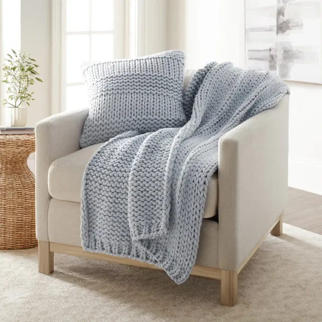 Chunky Knit Throw Blanket and Decor Pillow Bundle - Becky Cameron, Light Blue, Throw
