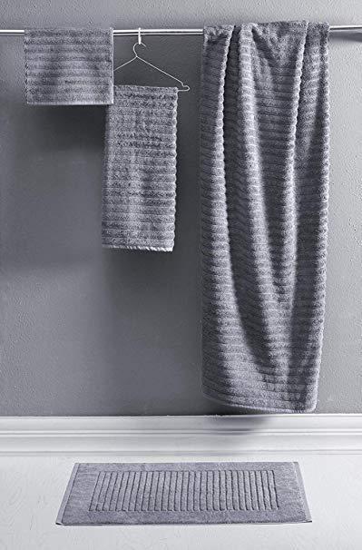 Luxury Bath Towel Collection Set - Combed Cotton Hotel and Spa Quality Bath Towels - Made with 100% Turkish Cotton Jacquard Rib Style - Made in Turkey (27X54 Bath Towels, Grey)