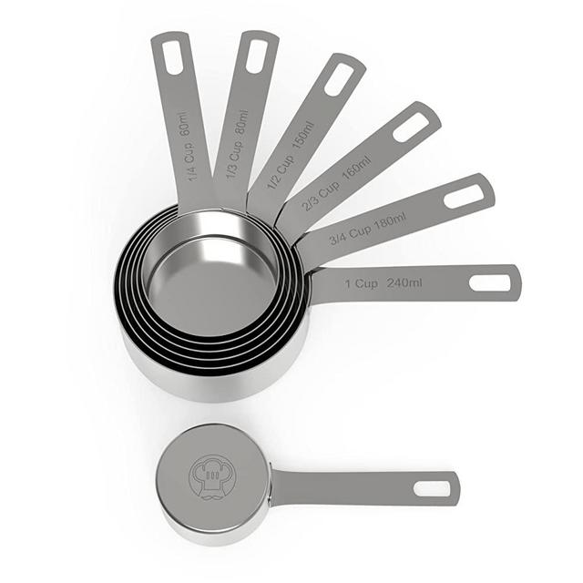 Chef Pomodoro Stainless Steel Measuring Cup Set, Nested and Stackable with 7 Pieces, Sturdy Extra-long Handles with Lasered Markings and Sorting Ring, Metal Kitchen Spoons for Wet and Dry Ingredients