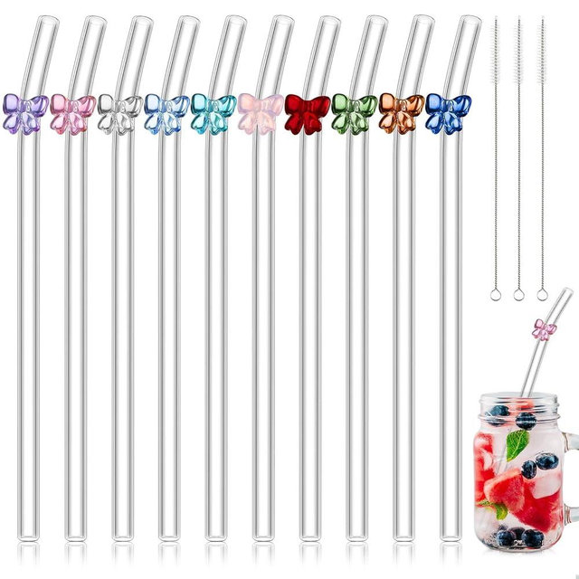 Meanplan 10 Pcs Cute Reusable Glass Straws with Design,8 mm x 7.9'' Shatter Resistant Butterfly Bow Clear Bent Glass Straw with Cleaning Brush for Drink Party Milkshakes Juice (Mixed Color)