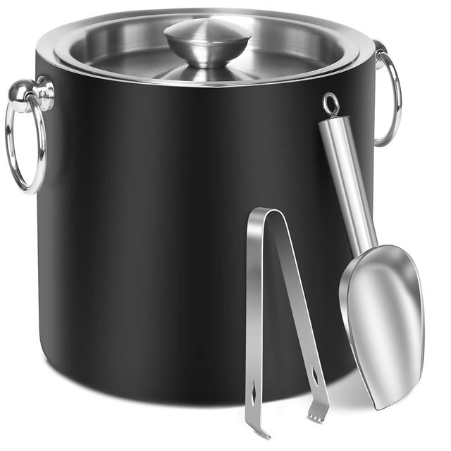 CAOANTRY Ice Bucket with Lid & Tong- Well Made Insulated Stainless Steel Keep Ice Frozen Longer - Ideal for Cocktail Bar, Parties, Chilling Wine, Champagne - 3 Liter (Black)