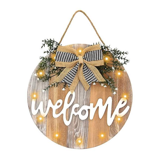 AUING Welcome Sign Front Door Decor, Farmhouse Front Porch Decor Rustic Wooden Wall Sign with 12 LED Lights, Home Sign Door Decorations Hanging Outdoor for Christmas(NO Battery)
