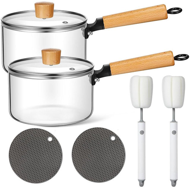 Uiifan 2 Sets Glass Cookware Glass Pot for Cooking 60oz Clear Glass Pots for Cooking on Stove with Cover Heat Resistant Simmer Pot with Lid and Handle for Pasta Noodle Soup Milk Baby Food (Classic)