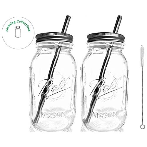 Smoothie Cups Mason Drinking Jar Regular Mouth Glass Ball Mason Jars 32 oz/Smoothie Cups with Lid and Stainless STeel Straw (2-Silver) 100% Eco Friendly - by Jarming Collections (2)