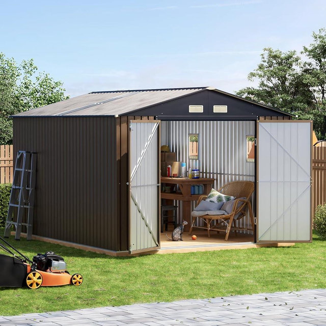 Grovellis Upgrade 10x12 FT Outdoor Metal Storage Shed with Floor Frame, Double Swing Doors, 2 Clear Windows, Replaceable Skylight Roof Panel, Tool Shed for Garden, Patio, Backyard Brown