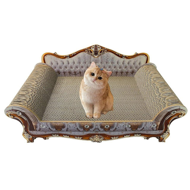 Luxury Cardboard Cat Scratcher Sofa Couch Bed, Couch Shaped Cat Scratching Board, Cat Scratch Lounge with Catnip, Cat Scratcher for Indoor Cats Grey