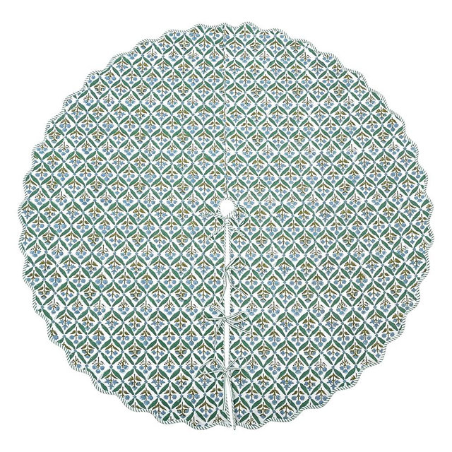 Ridhi Sea Green Hand Block Printed Christmas Tree Skirt 40'' Inch Cute, Boho,Decorative, Rustic, Vintage, Indoor, Outdoor, Holiday Decor, Christmas Decoration Halloween Fall Thanksgiving Gifts