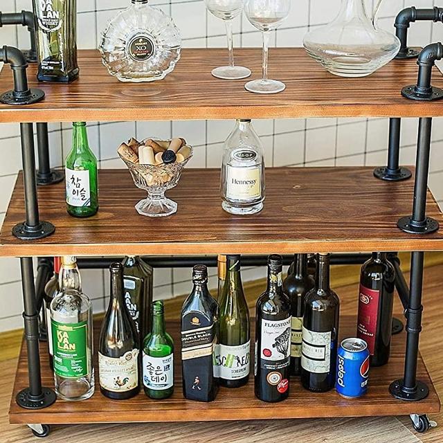 Industrial Bar Carts/Serving Carts/Kitchen Carts/Wine Rack Carts on Wheels with Storage - Industrial Rolling Carts - Wine Tea Liquor Shelves/Holder - Solid Wood and Metal Home Furniture (Bar Cart 002)