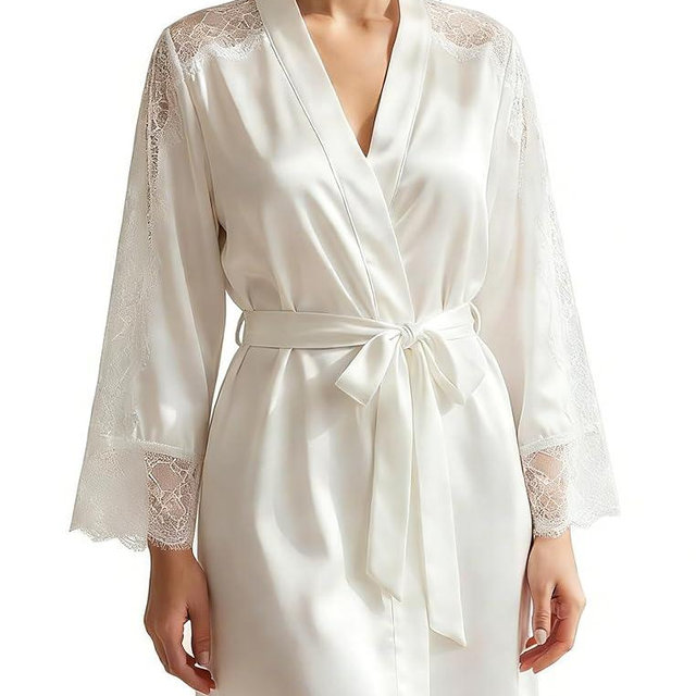 LORELEI Lingerie Women's Satin Lace Sleeve Robe, Soft Silky Kimono Bathrobe for Bridal, Wedding Party & Loungewear