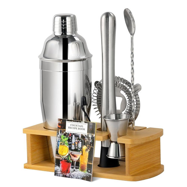 ZPUFAW 6-Piece Cocktail Shaker Set with Wooden Stand 24oz Shaker Strainer Muddler Jigger Mixing Spoon Pour Spout Bartender Kit Stainless Steel Bar Set Housewarming Gift