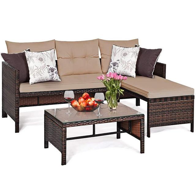 Tangkula 3 PCS Outdoor Rattan Furniture Sofa Set Lounge Chaise Cushioned Patio Garden