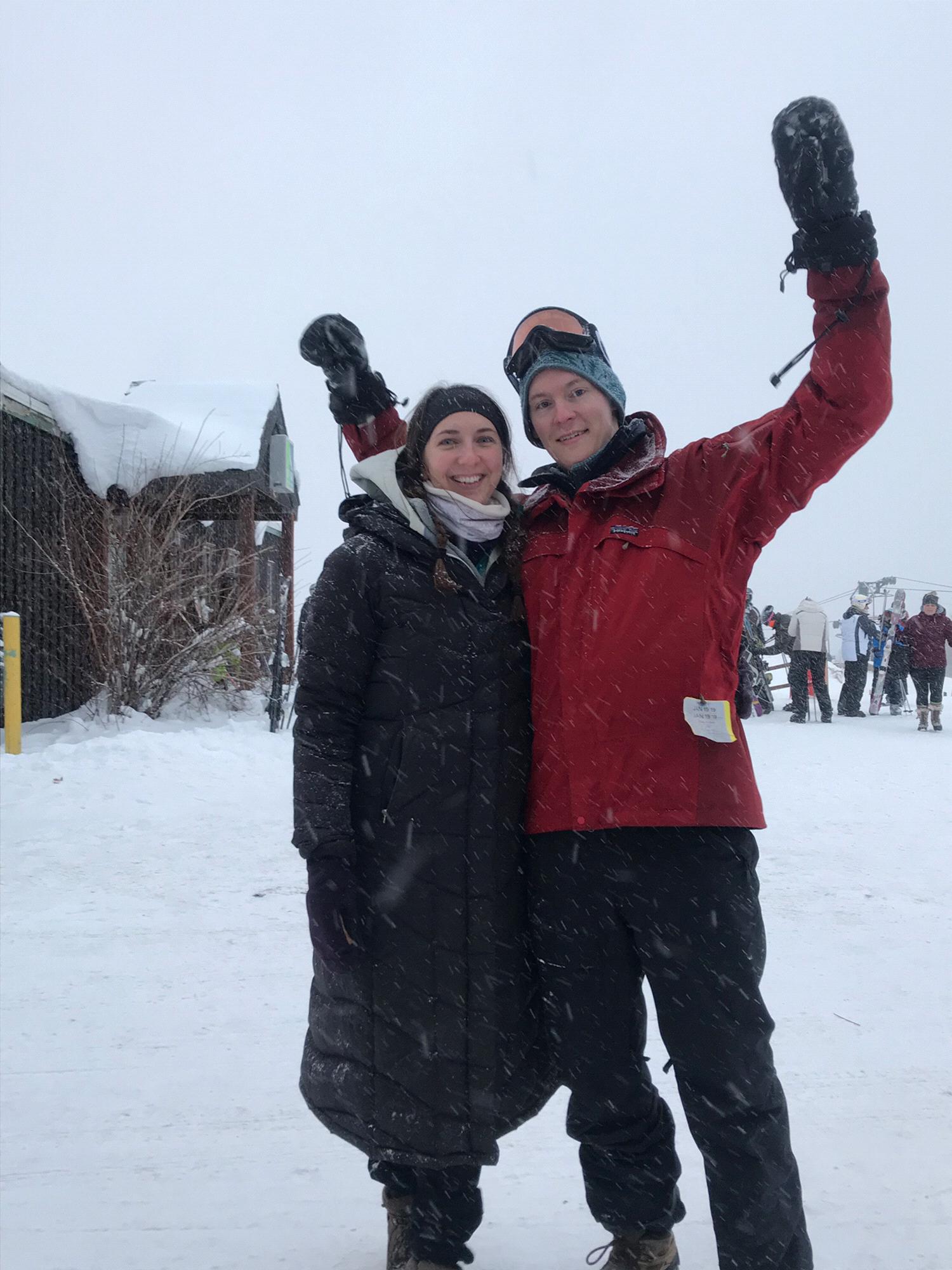 Celebrating Emily’s first time downhill skiing as an adult, January 2019. Turns out, she still doesn’t like heights.