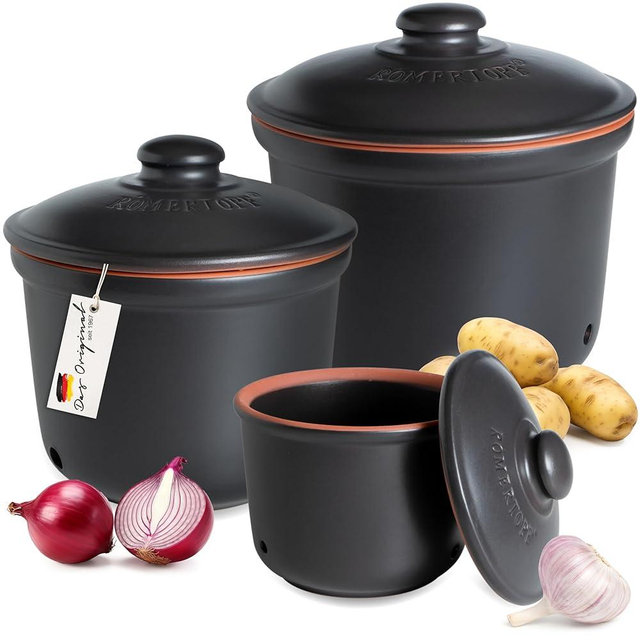 Romertopf Freshness Storage Potato Onion Garlic Clay Pot Set of 3 with Lids - Black