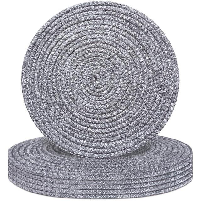 Round Placemats Set of 6, Cotton Rope Woven Table Mats, Hot Pads for Kitchen, Non Slip Heat Resistant Place Mats, 13 Inches Braided Placemat for Farmhouse Decor and Kitchen Table Decor (Gray)