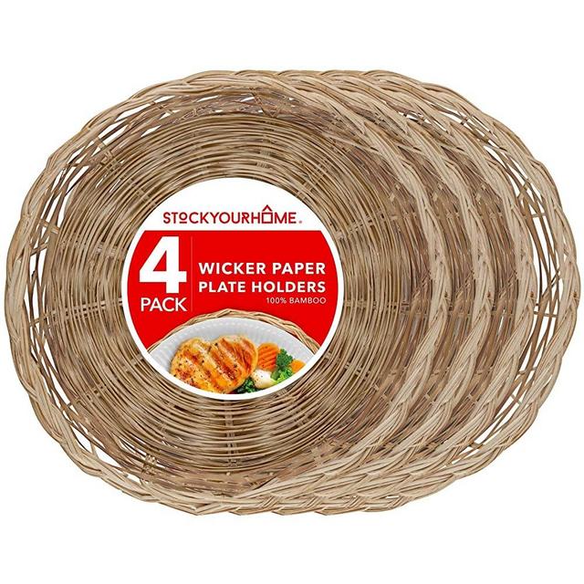 Stock Your Home 10-Inch Bamboo Paper Plate Holder (4 Count) - Paper Plate Holders Wicker Heavy Duty - Wicker Paper Plate Holder - Paper Plate Holders Bamboo - Paper Plate Holders Reusable