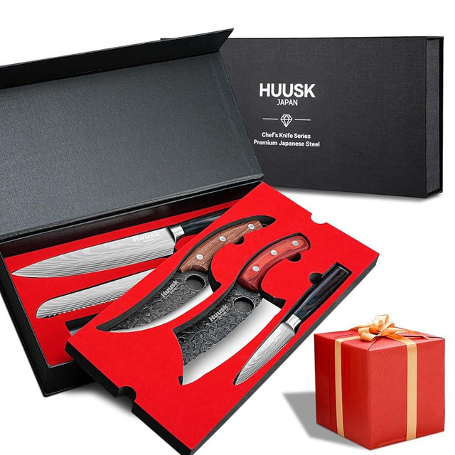 Huusk Japanese Knife Set 6pcs, Kitchen Knife Set with Gift Box, Cooking Knife Set with Meat Cleaver, Japanese Chef Knife Set Professional, Cool Mens Knife Gift Set