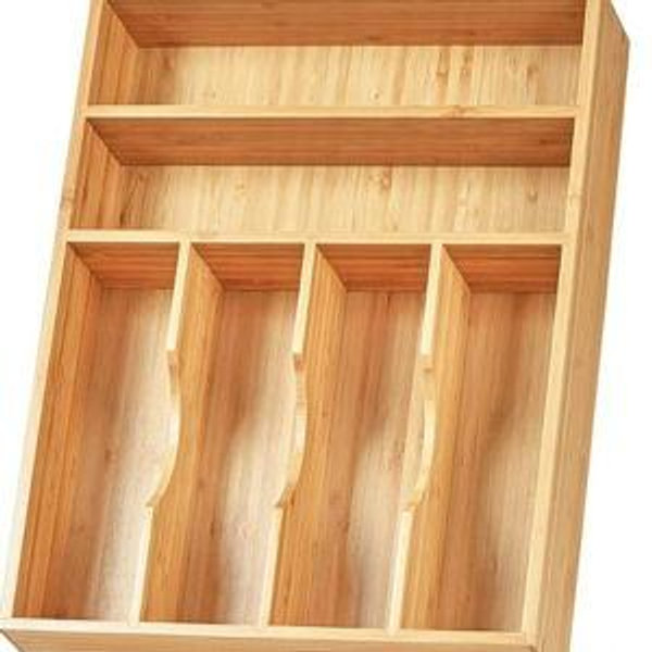 Umilife Kitchen Drawer Organizer, 12 Inch Silverware Utensil Tray Holder, Extra Deep, with Non-Slip Feet & Grooved Drawer Divider, 6 Slots Total Bamboo Wood Caddy for Flatware Cutlery Knives