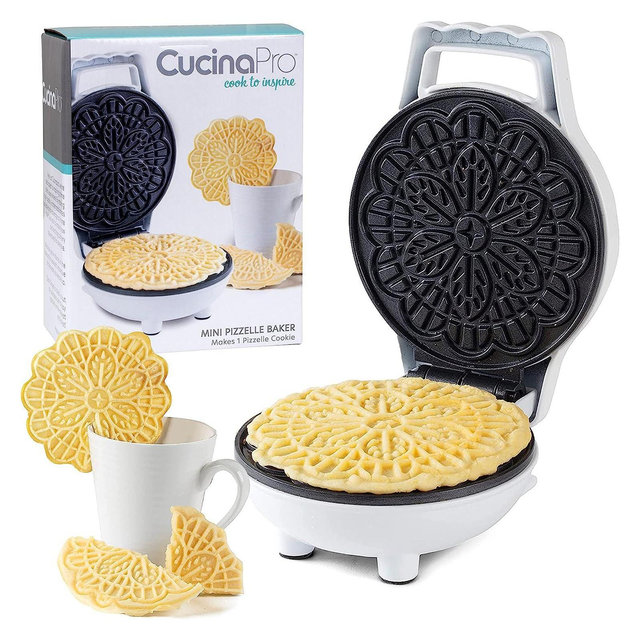 CucinaPro Mini Electric Pizzelle Maker- Makes 1 Personal Sized 4" Traditional Italian Waffle in Minutes- Nonstick Press w Recipe- Dessert Cookie Treat