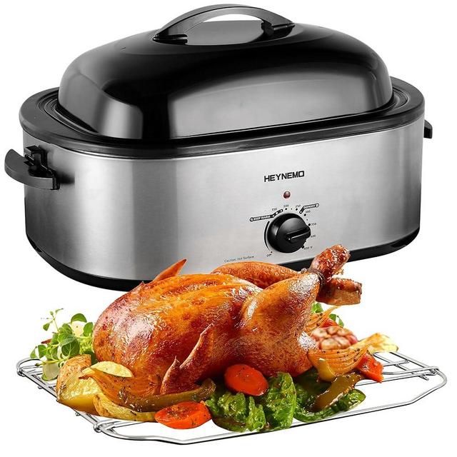 20 Quart Roaster Oven with Self-Basting Lid, Large Turkey Roaster Oven with Defrost & Warm Function, Adjustable Temperature, Electric Roaster Oven With Removable Pan & Rack, Stainless Steel, Silver
