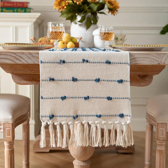 Caflife Boho Table Runner 60 Inchs Long for Modern Farmhouse Room Home Decor, Blue and Beige Coffee Table Runner, Natural Cotton Woven with Tassels Neutral, for Kitchen Dining Table Decor