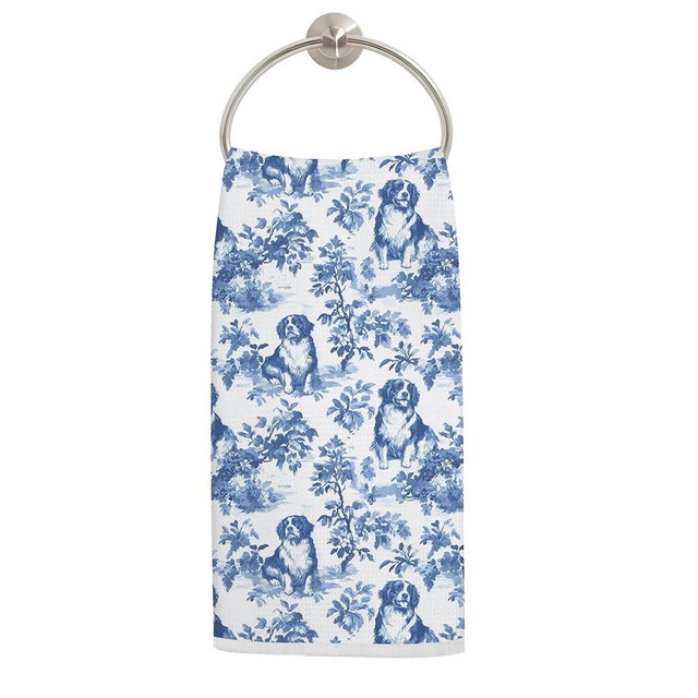 LADOCK Chinoiserie Bernese Mountain Dog Kitchen Towels, Blue and White Floral Bernese Mountain Dog Decorative Dish Tea Towels, Grand Millenial Dogs Bathroom Decor, 16x24 Inch 16x24 Inch