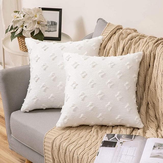 MIULEE Set of 2 Decorative Throw Pillow Covers Rhombic Jacquard Pillowcase Soft Square Cushion Case for Couch Sofa Bed Bedroom Living Room, 18x18 Inch, White