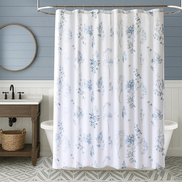 Light Blue and White Coastal Floral Shower Curtain,Waterproof Cute Grandma Core Grandmillennial Flower Fabric Shower Curtains for Bathroom with Hooks 72x72 Blue and Gray