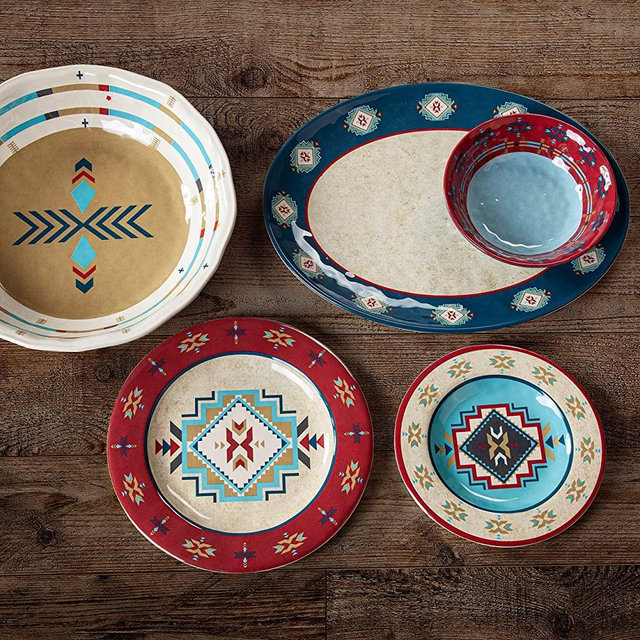 Paseo Road by | Spirit Valley 14 Piece Melamine Dinnerware Set with Plates, Bowls and Serving Platter, Western Rustic Cabin Lodge Aztec Style, Red, Blue, Tan