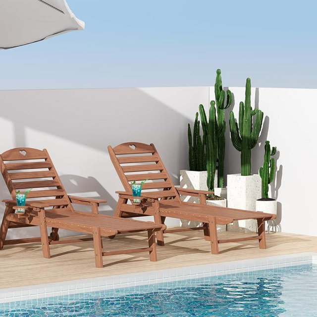 Aokia Plastic Lounge Chairs for Outside Set of 2 with Wheels & Cup Holder | Oversize HDPE 6-Position Chaise Lounge Outdoor Lounger for Patio & Pool (Teak)