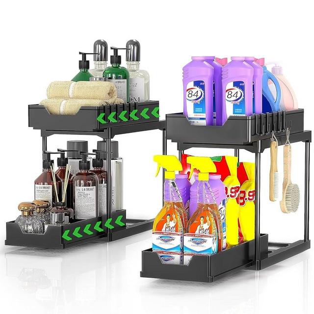 artzon 2-Pack Under Sink Organizers and Storage, 2-Tier Bathroom Cabinet Organizer with Pull-Out Storage Drawer, Kitchen Organization with 8 Hooks, Black