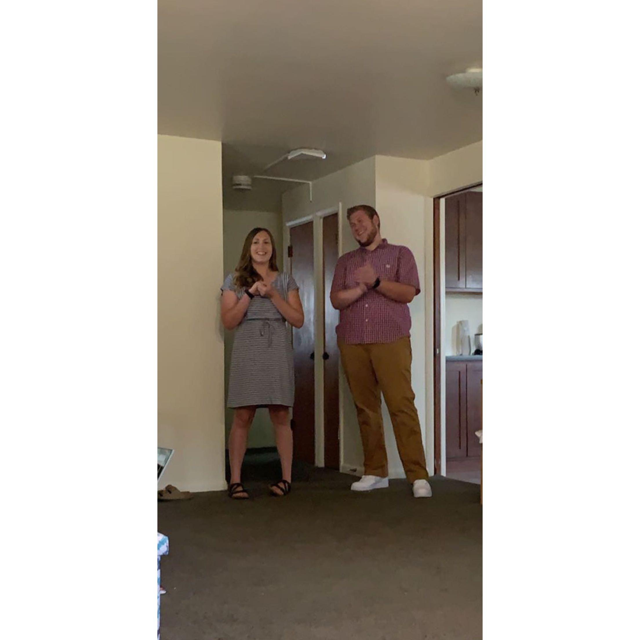 Our first ever photo, taken by bridesmaid Rachel Chalfant as he picked me up for our first date. 