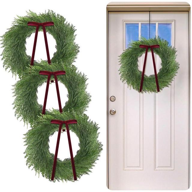 Yuxung 3 Pcs 20 Inch Christmas Cedar Wreath Artificial Greenery Wreath Winter Farmhouse Holiday Decoration with Red Ribbon Bow for Front Door Window Xmas Indoor Outdoor Home Decoration