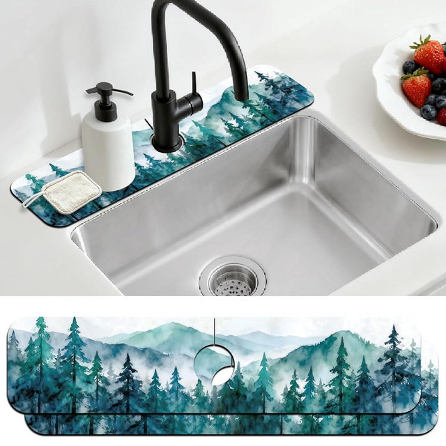 CONCHLERY 2 Pcs Kitchen Sink Splash Guard Faucet Mats Watercolor Forest Pattern Faucet Mat for Sinks Absorbing Drying Mat for Kitchen Bathroom, 23.6x5.5inch