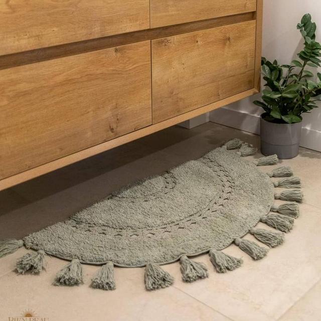 Half Circle Bohemian Bathroom Rug with Tassels & Crochet Insert -Beautifully Handcrafted 100% Cotton Mat - Half Round Rug- Boho Bathroom Decor - Machine Washable - Light Green Sage 42x22