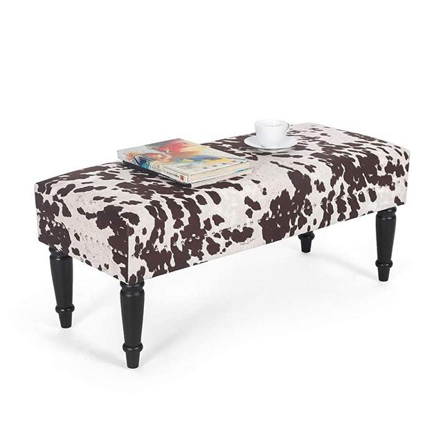 39.4” Ottoman Bench Fabric Rectangular Footstool with Wood Legs (Brown Cow)