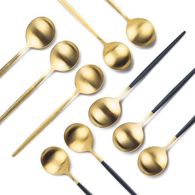 Fancy Seal 10 Pcs Coffee Spoons - 8 Inch Espresso Spoons, Thick, Polished and Delicate Black & Gold Handle Spoons, Finely Ground Edges, Ideal for Coffee, Dessert and Ice Cream, Gold, Black, Small