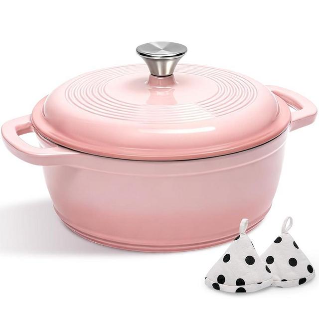Cast Iron Dutch Oven Pot With Lid - AIVIKI 5QT Enameled Dutch Oven for Bread Baking With Cotton Potholders - Heavy- Duty Cookware Across All Cooktops, Wedding Registry Ideas & Gifts, Pink