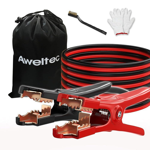 AWELTEC Jumper Cables,Heavy Duty 6 Gauge 16 Feet Battery Cable for Car, Booster Battery Wires with Alligator Clips,Carrying Bag,Safety Gloves and Iron Brush for Cars Truck