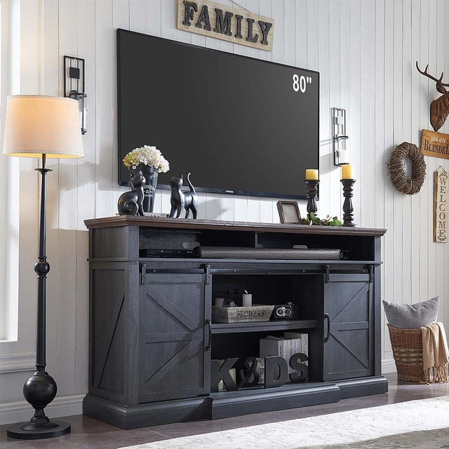 Farmhouse TV Stand for 80 Inch TVs, 39" Tall Entertainment Center w/Storage Cabinets and Sliding Barn Door, Media Console Cabinet w/Soundbar & Adjustable Shelves for Living Room, 70inch (Dark Grey)