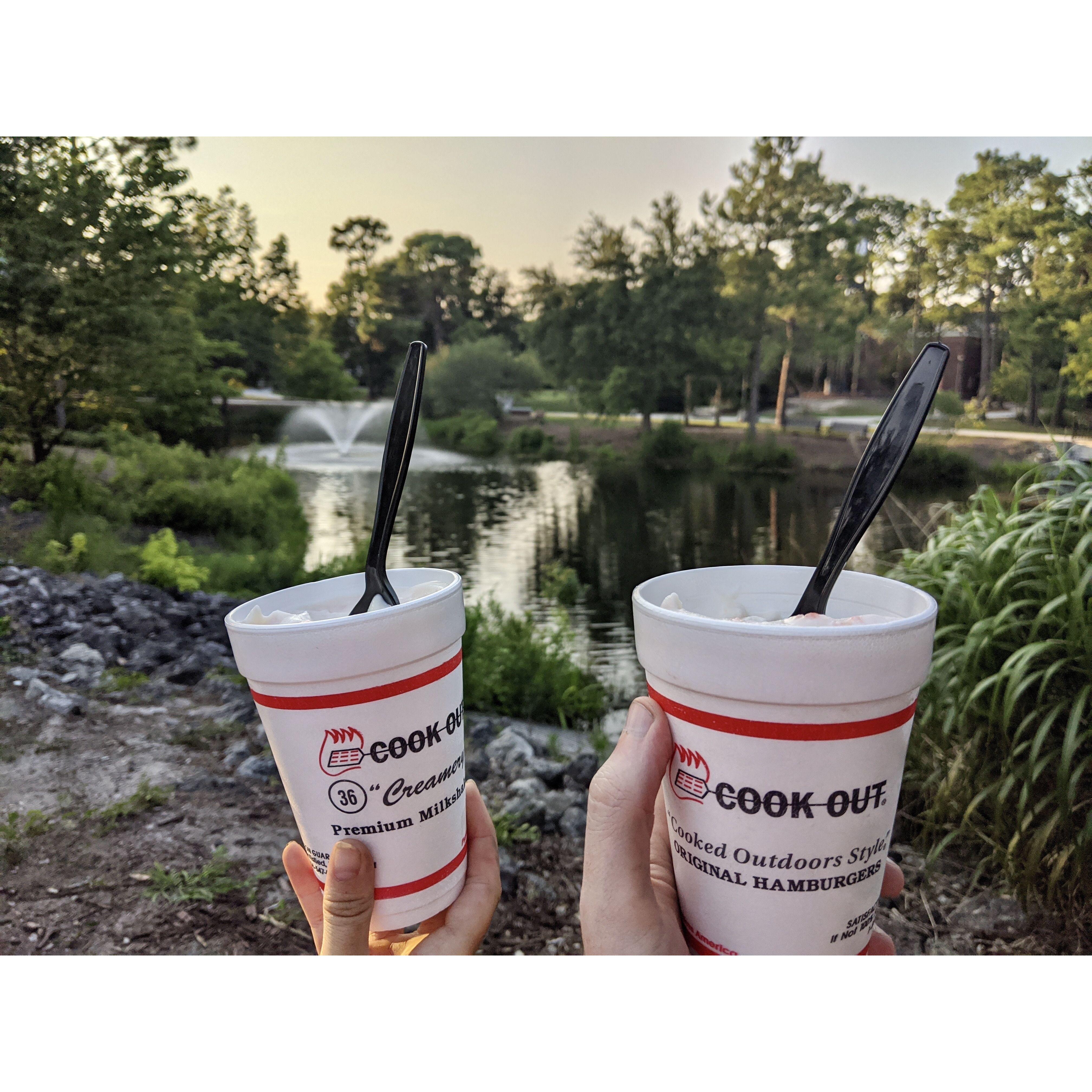 We love getting Cookout milkshakes after hikes. Featured here is the watermelon summer special during our visit to Adam's undergrad college (UNC Wilmington)  - July 2020