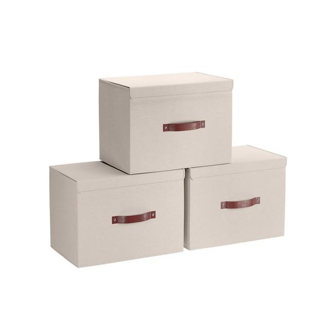 Foldable Linen Large Storage Bin with Leather Handles and Lid - Set of 3