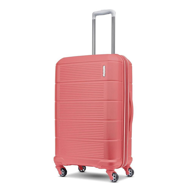 American Tourister Stratum 2.0 Expandable Hardside Luggage with Spinner Wheels, Soft Coral, 24-Inch Checked-Medium