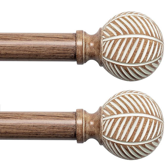 Wood Curtain Rods for Windows: 1 Inch Diameter Adjustable Drapery Rods 72" to 144", Decorative Window Curtain Rods with Imitation Wood Grain Leaf Pattern Finials,2 Pack Heavy Duty Curtain Rods