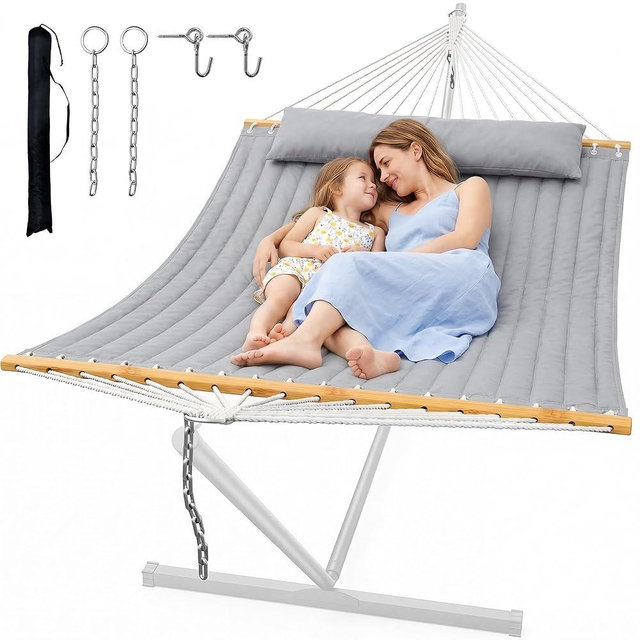 ANAGOO Double Quilted Outdoor Hammock for 2 Adults, 500lb Capacity Backyard & Camping Hammock with Pillow and Bamboo Spreader Bar, Fits 11–15ft Hammock Stands (Stand Not Included),Dark Gray