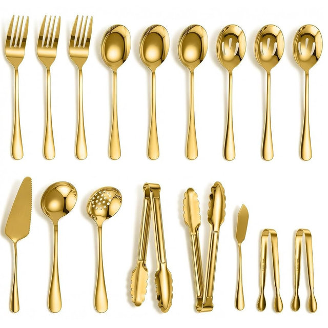 17pcs Gold Serving Utensils Set,Stainless Steel Large Serving Spoons,Slotted Spoon,Fork,Tongs,Cake Pie Server,Soup Spoon,Metal Buffet Banquet Cutlery for Parties Weeding Birthday Entertaining Catering