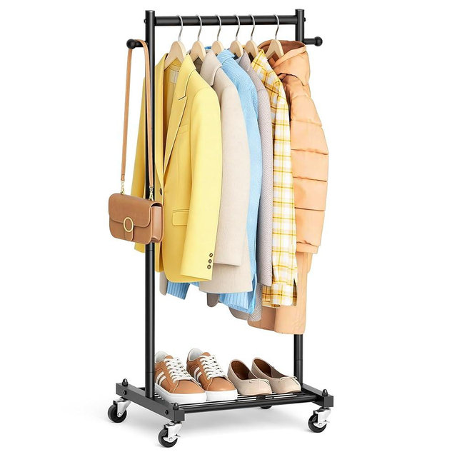MISSLO Small Clothing Racks for Hanging Clothes 45" Short Clothes Rack with Shelves Metal Rolling Garment Rack with Wheels for Small Space, Closet, Wardrobe, Adults & Kids, Black