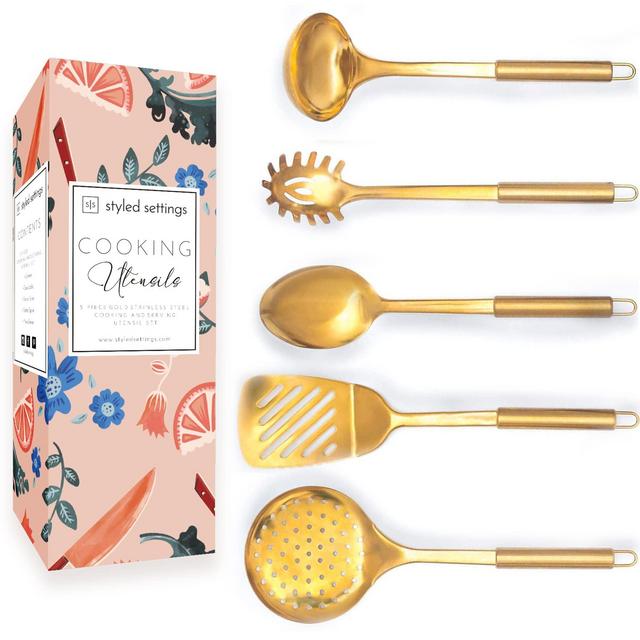 Brass/Gold Cooking Utensils for Modern Cooking and Serving, Gold Utensils - Stainless Steel Cooking Utensils 5 PCS-Gold Serving Spoon, Gold Soup Ladle, Pasta Serving - Gold Cooking Utensils Set
