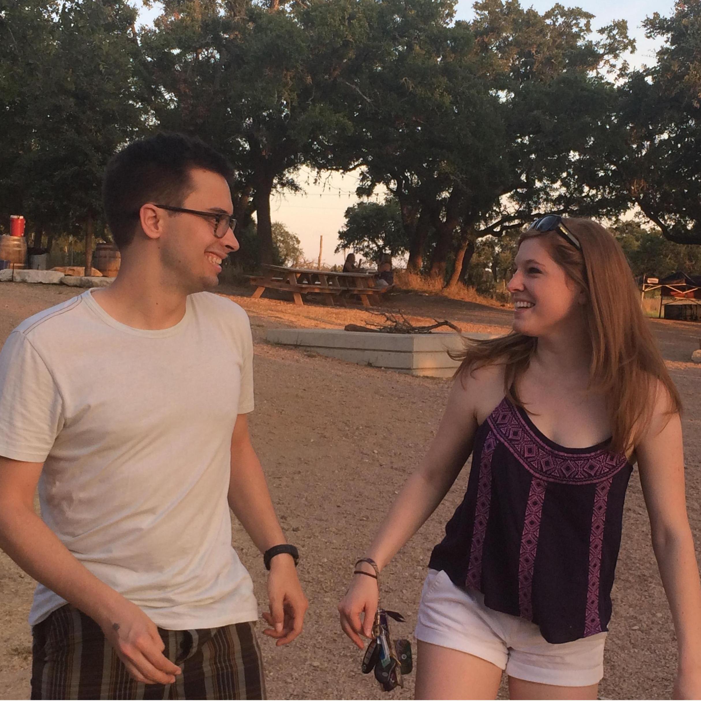 September 2015, Dripping Springs, TX: Enjoying a trip to Jester King Brewing together, not far from where we're now getting married!